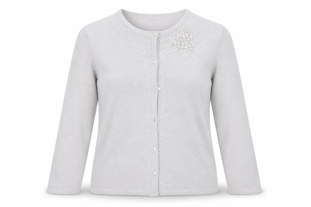 Front view of Bonmarché women’s silver geometric knit cardigan jumper, size L
