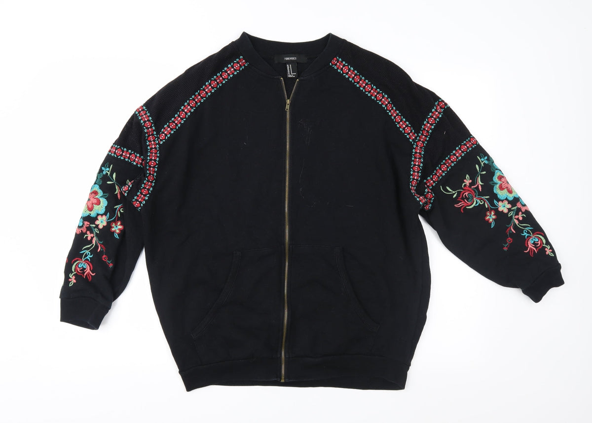 Front view of Forever 21 women’s black floral full zip sweatshirt, size M