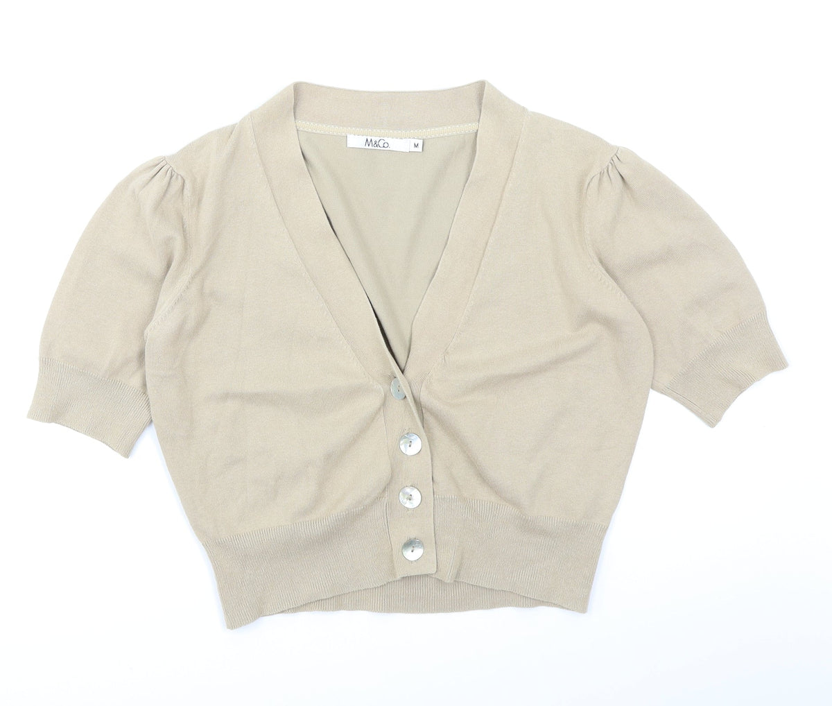 Front view of M&Co women’s beige cardigan jumper, size M