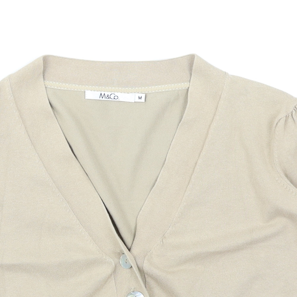 Close-up detail of M&Co women’s beige cardigan jumper, size M