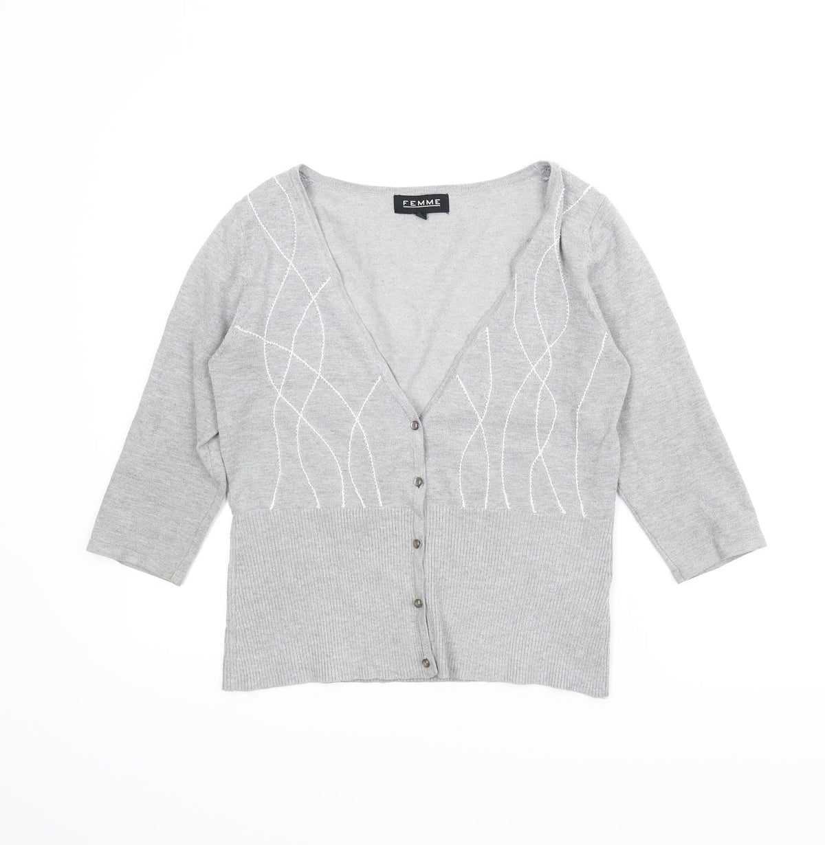 Front view of Femme women’s grey cardigan jumper, size M