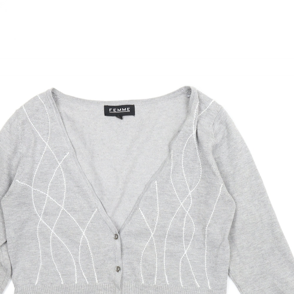 Close-up detail of Femme women’s grey cardigan jumper, size M