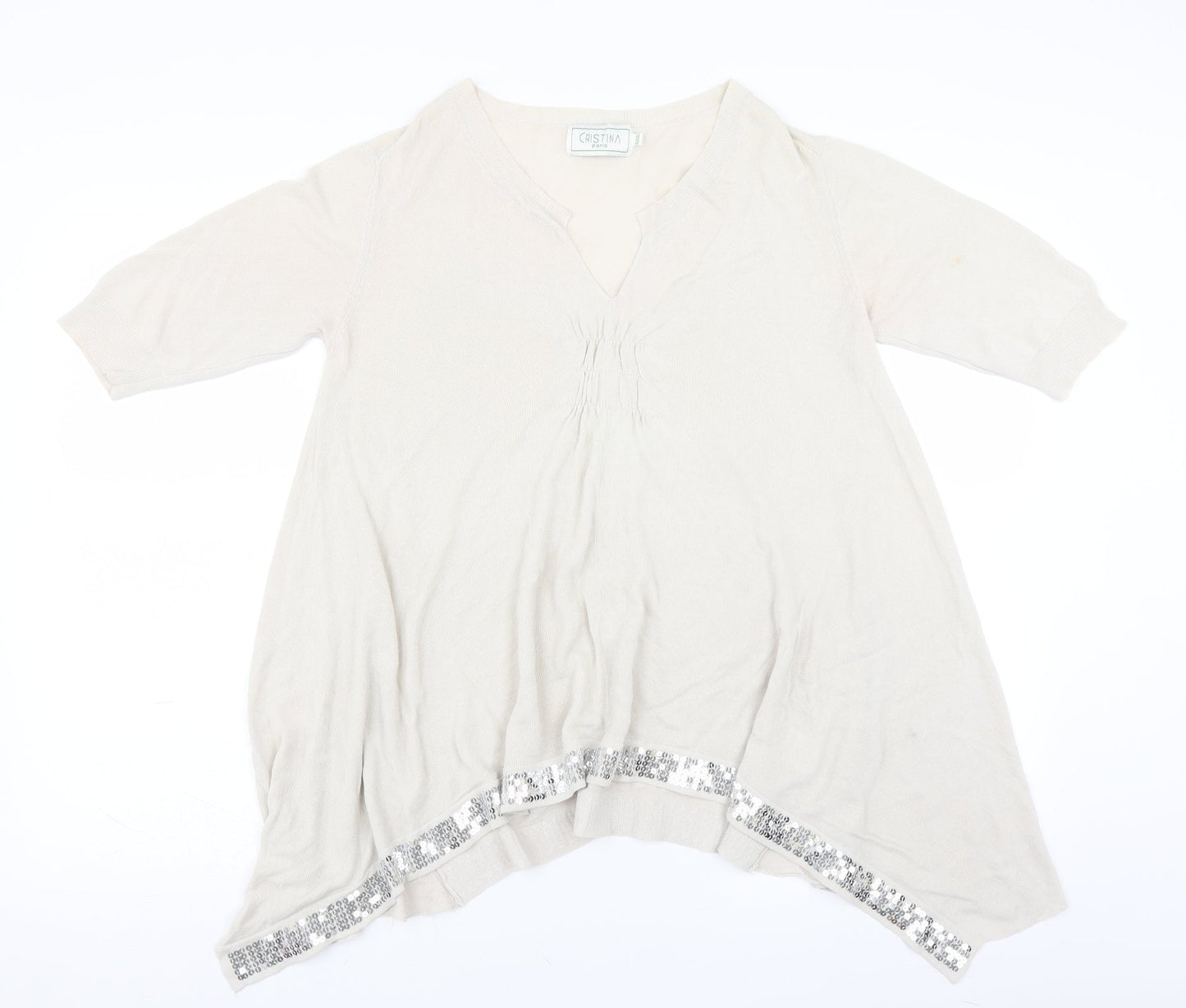 cristina paris Womens Ivory   Basic Blouse Size XL  - sequin hem aysymmetric