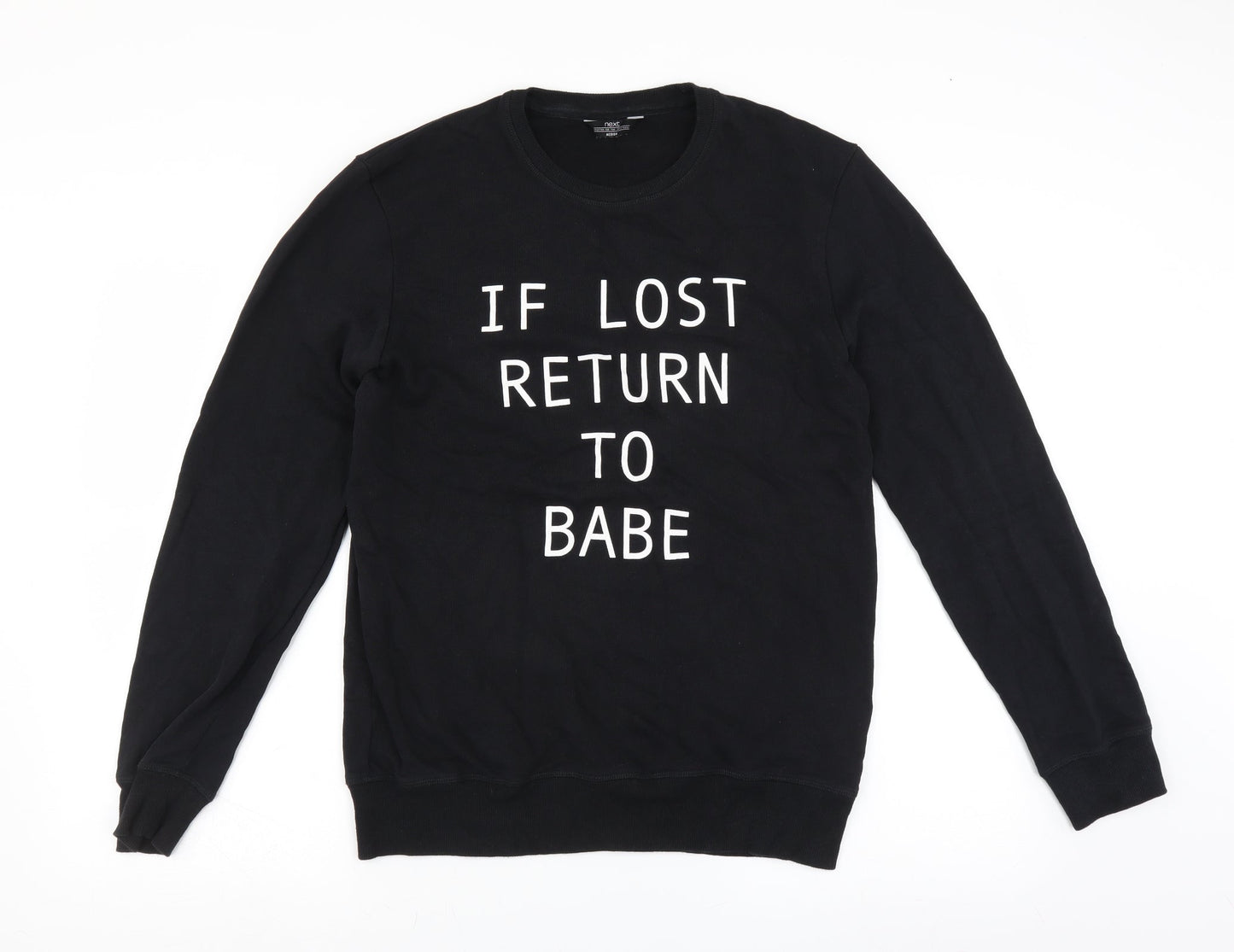 NEXT Mens Black   Pullover Sweatshirt Size M  - if lost return to babe