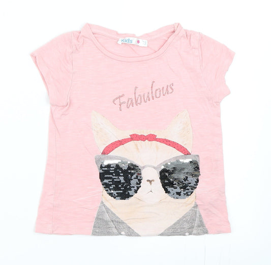 M&Co Girls Pink   Basic T-Shirt Size 5-6 Years  - Cat