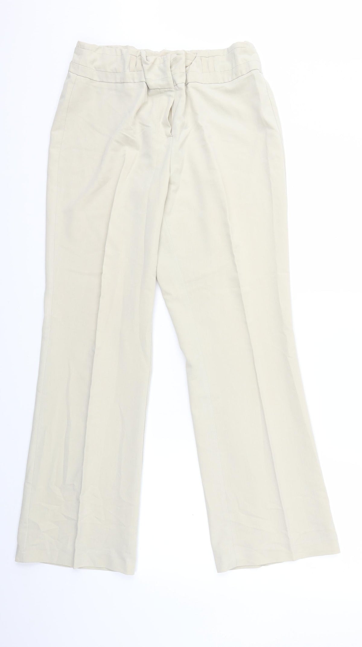 Front view of BHS women’s beige trousers, size UK 12, 28-inch leg