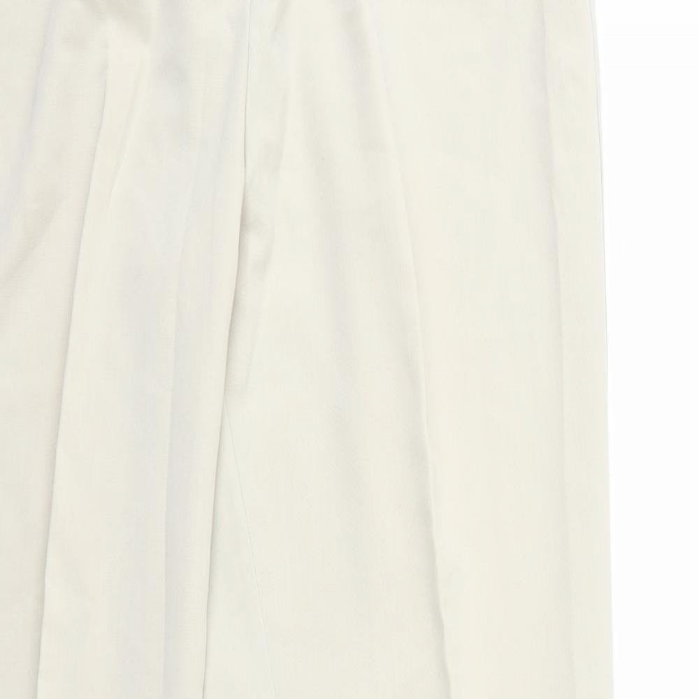 Close-up detail of BHS women’s beige trousers, size UK 12, 28-inch leg
