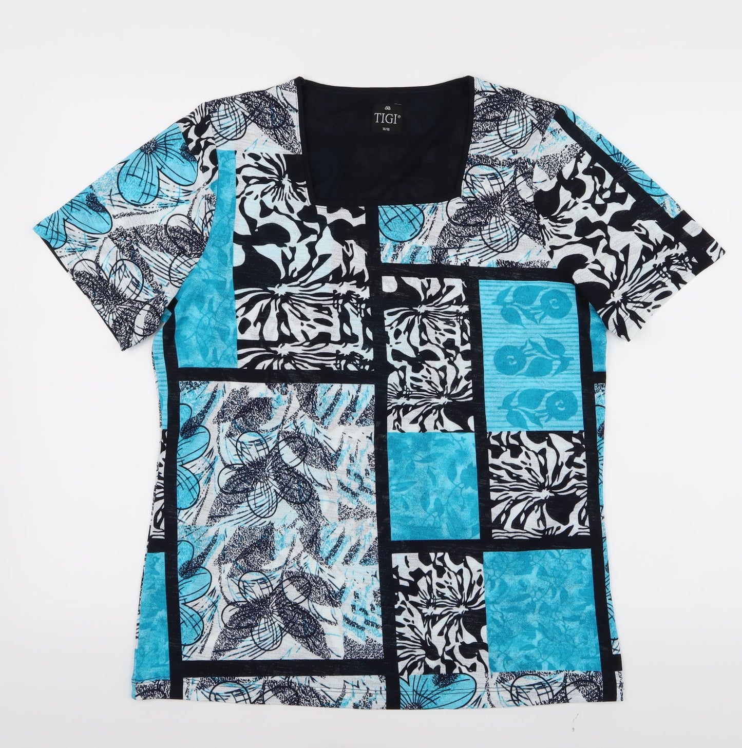 tigi Womens Blue Floral  Basic Blouse Size 14