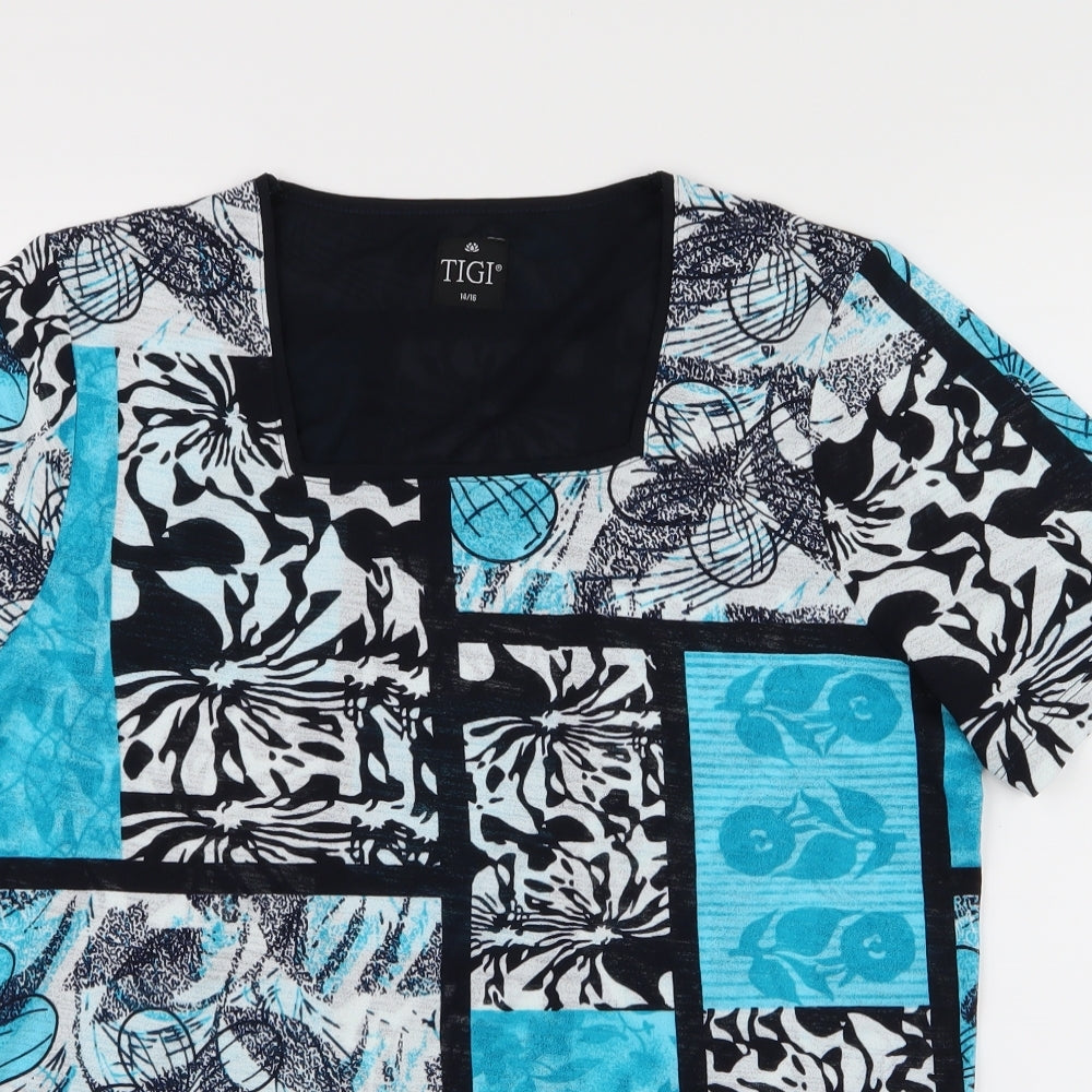 tigi Womens Blue Floral  Basic Blouse Size 14