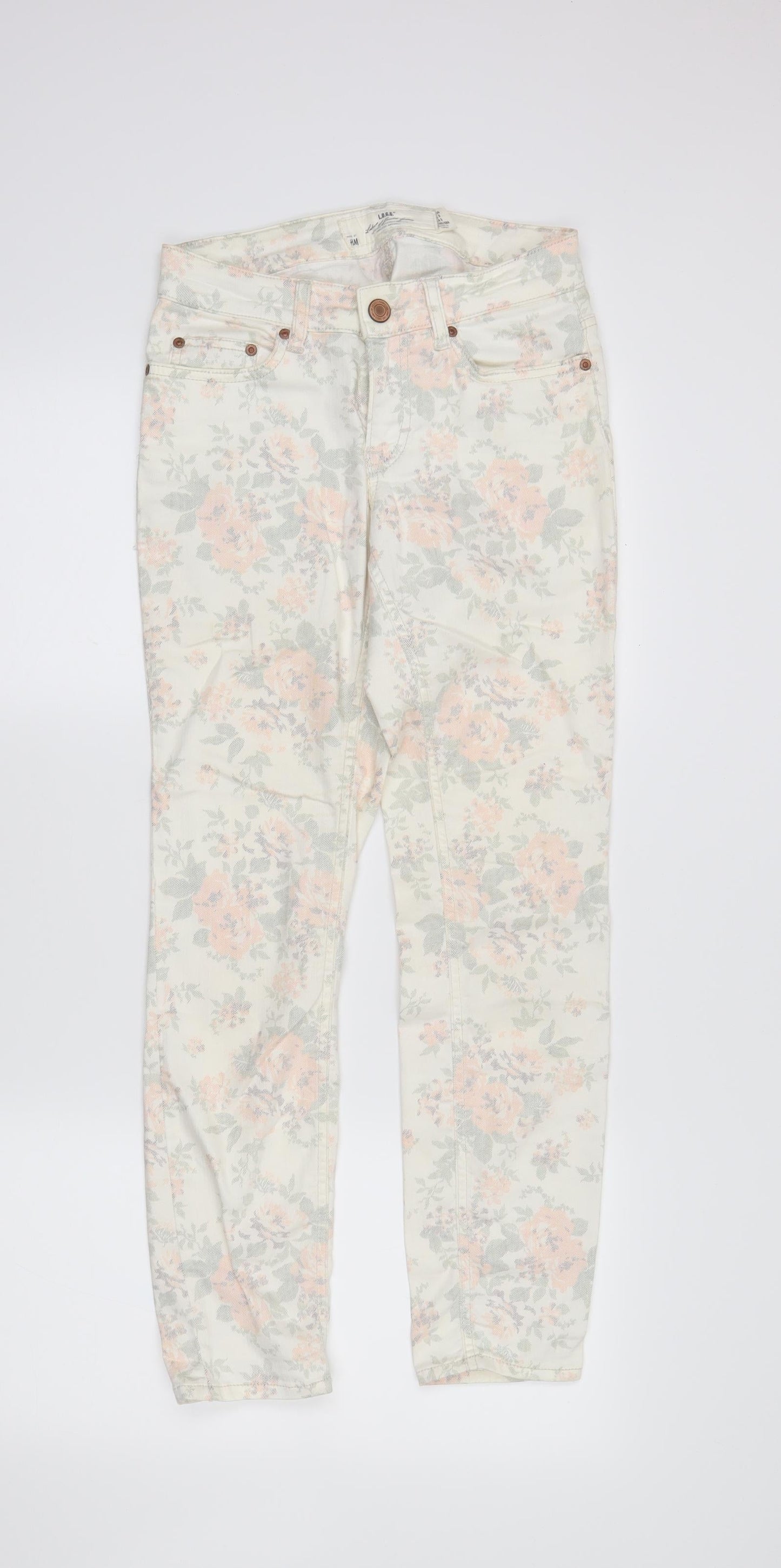 H&M Womens Ivory Floral Denim Skinny Jeans Size 8 L28 in