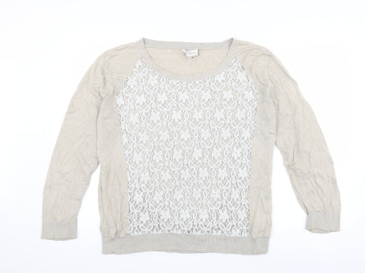 poem Womens Beige   Pullover Jumper Size L  - Lace Detail