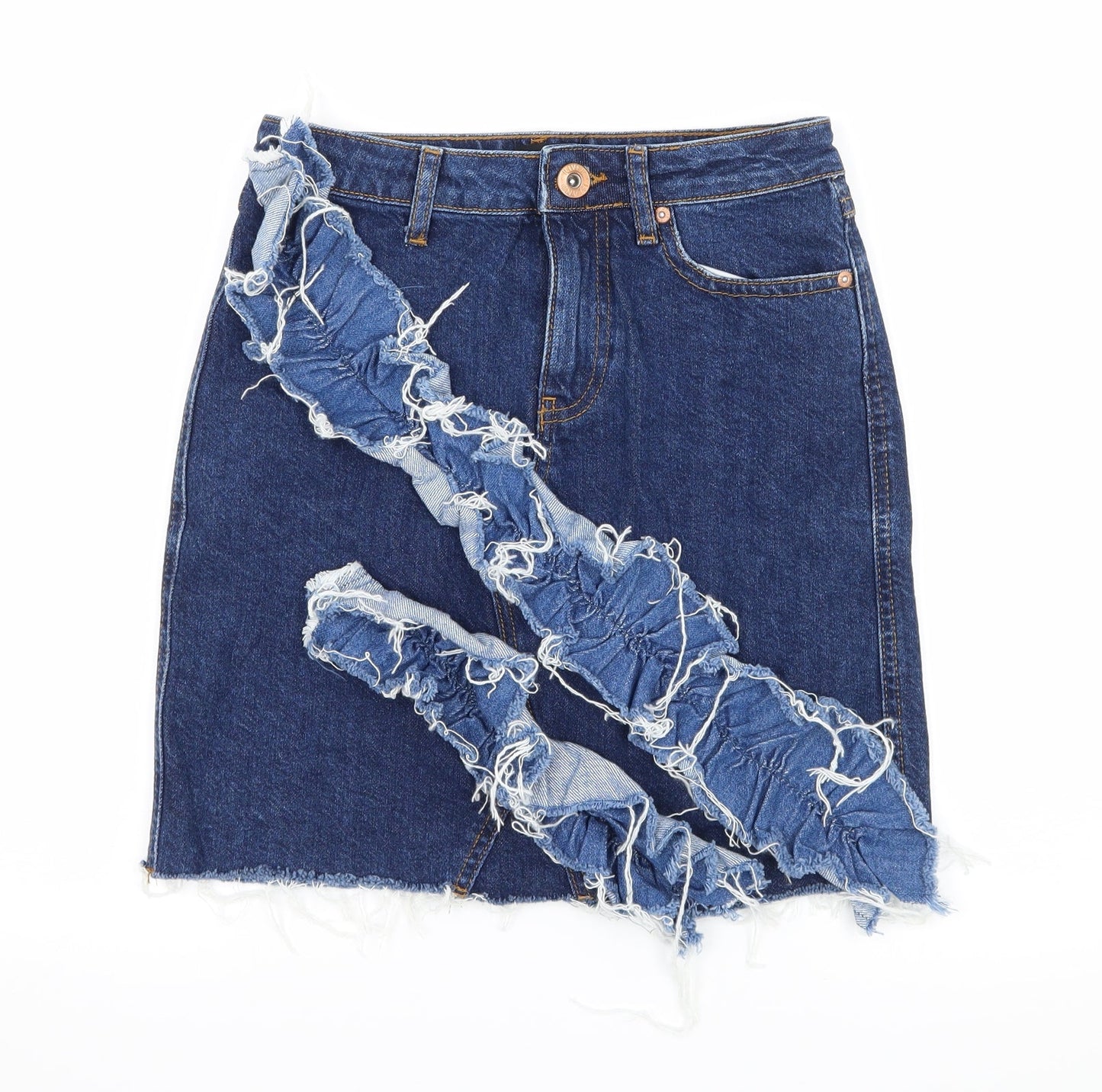 River Island Womens Blue  Denim A-Line Skirt Size 6  - Ruffle detail