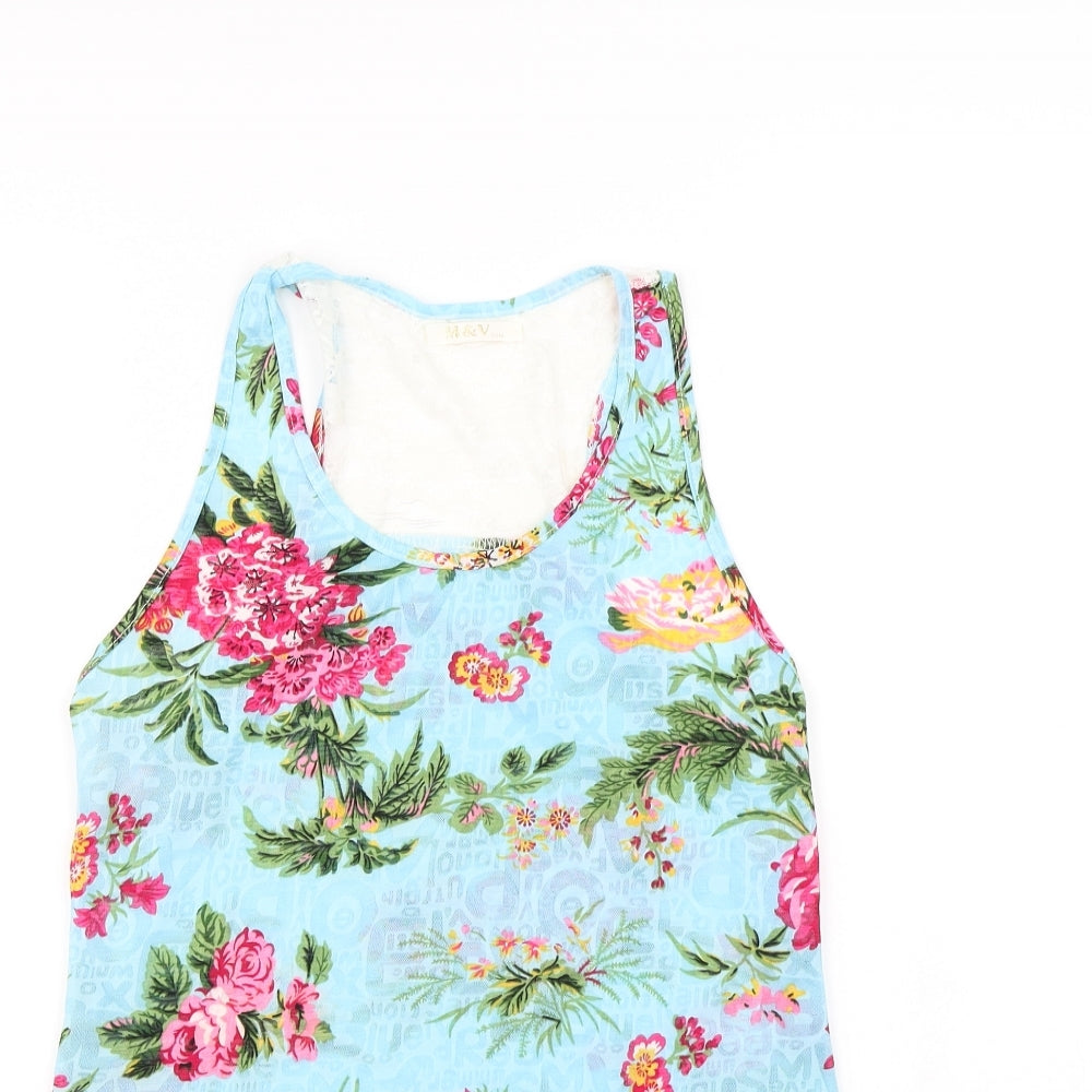M&V Womens Blue Floral  Basic Tank Size S