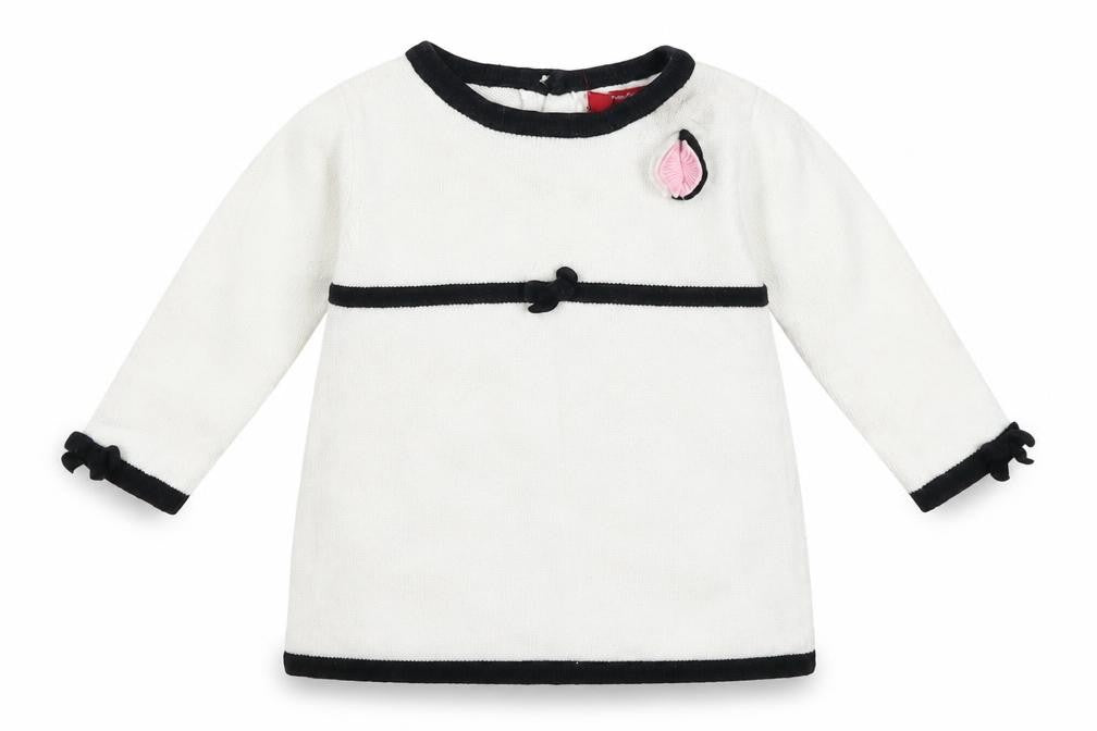 Front view of Strawberry Faire girls’ white colourblock knit jumper dress, size 6-9, months