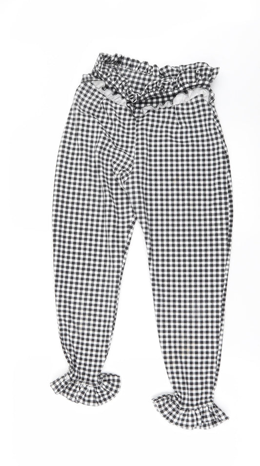PRETTYLITTLETHING Womens Black Check  Chino Trousers Size 8 L24 in - frilled hem