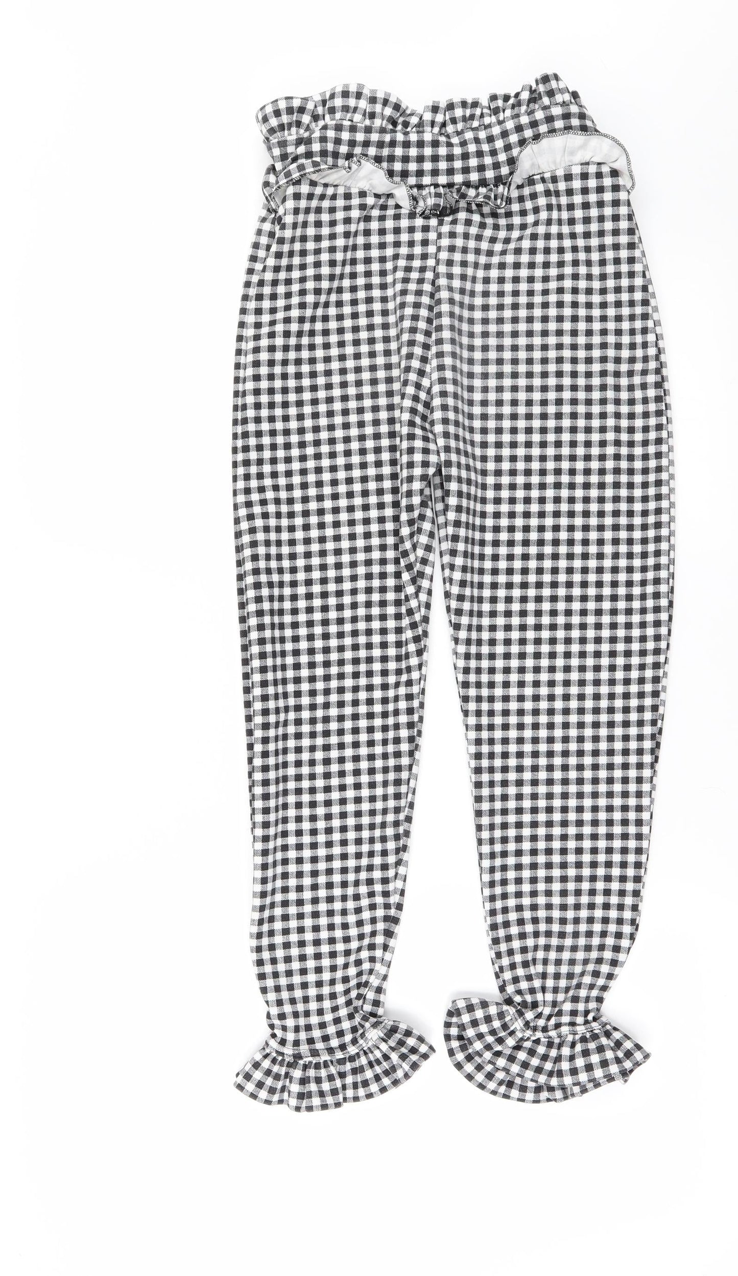 PRETTYLITTLETHING Womens Black Check  Chino Trousers Size 8 L24 in - frilled hem