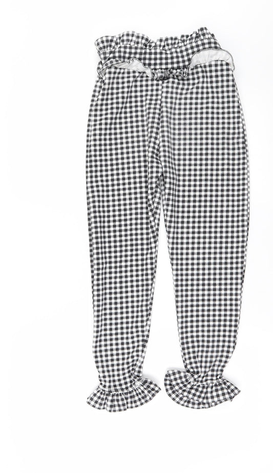 PRETTYLITTLETHING Womens Black Check  Chino Trousers Size 8 L24 in - frilled hem