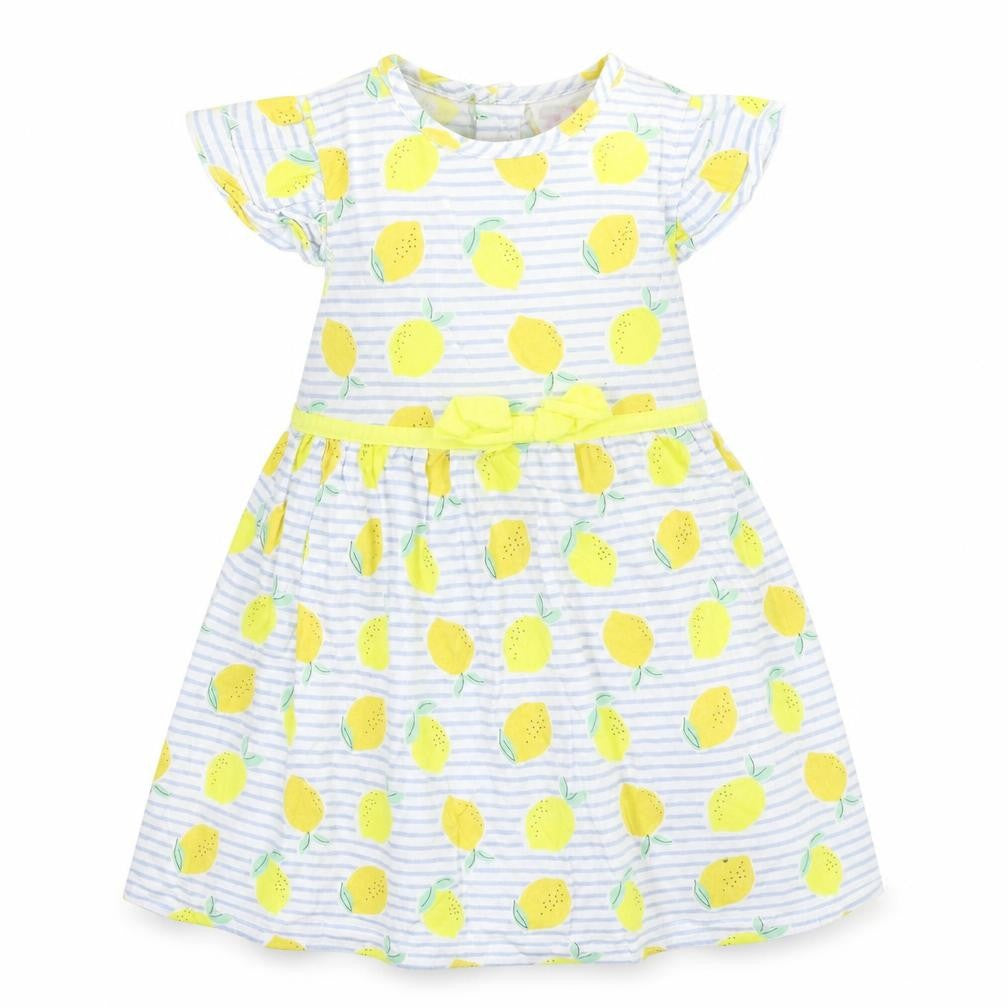 Front view of Mini Moi girls’ blue striped skater dress, size 6-9, months