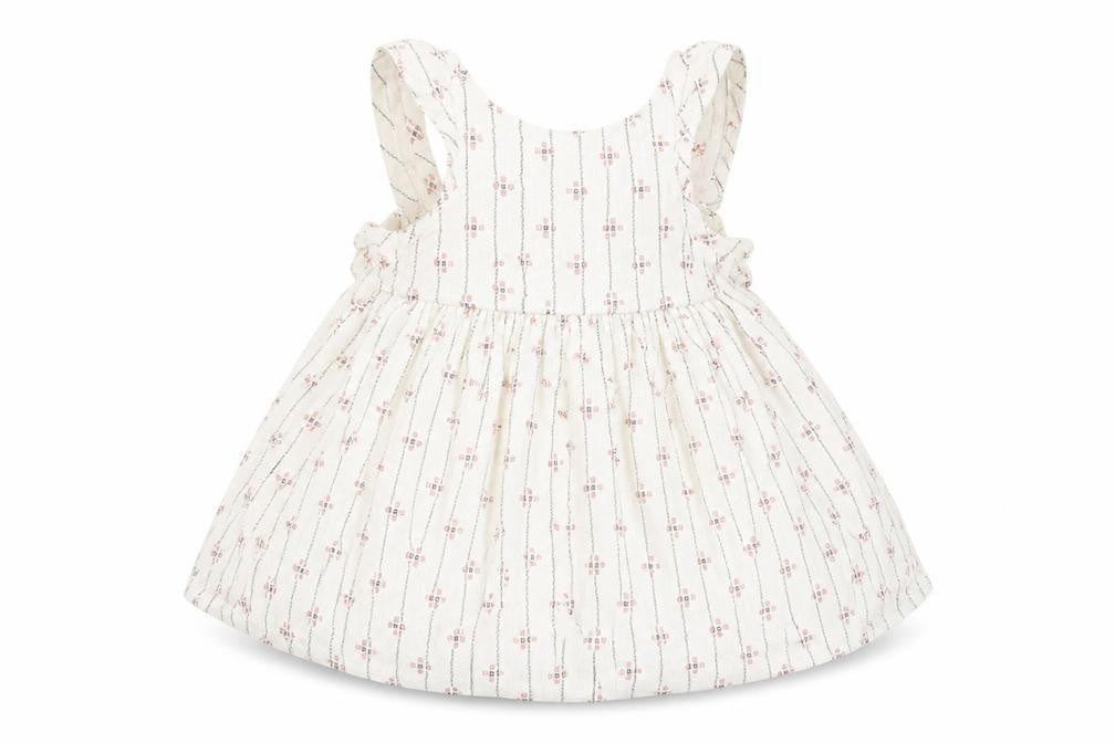 Front view of Marks & Spencer girls’ white striped pinafore/dungaree dress, size 3-6, months