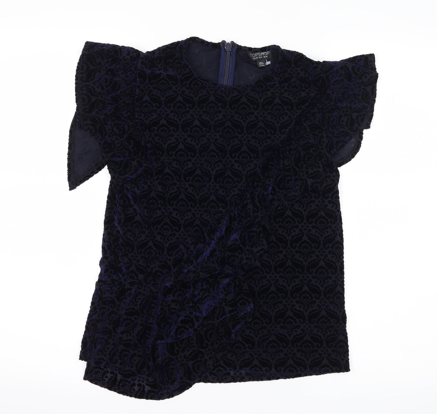Topshop Womens Blue Geometric Velvet Basic Blouse Size 10