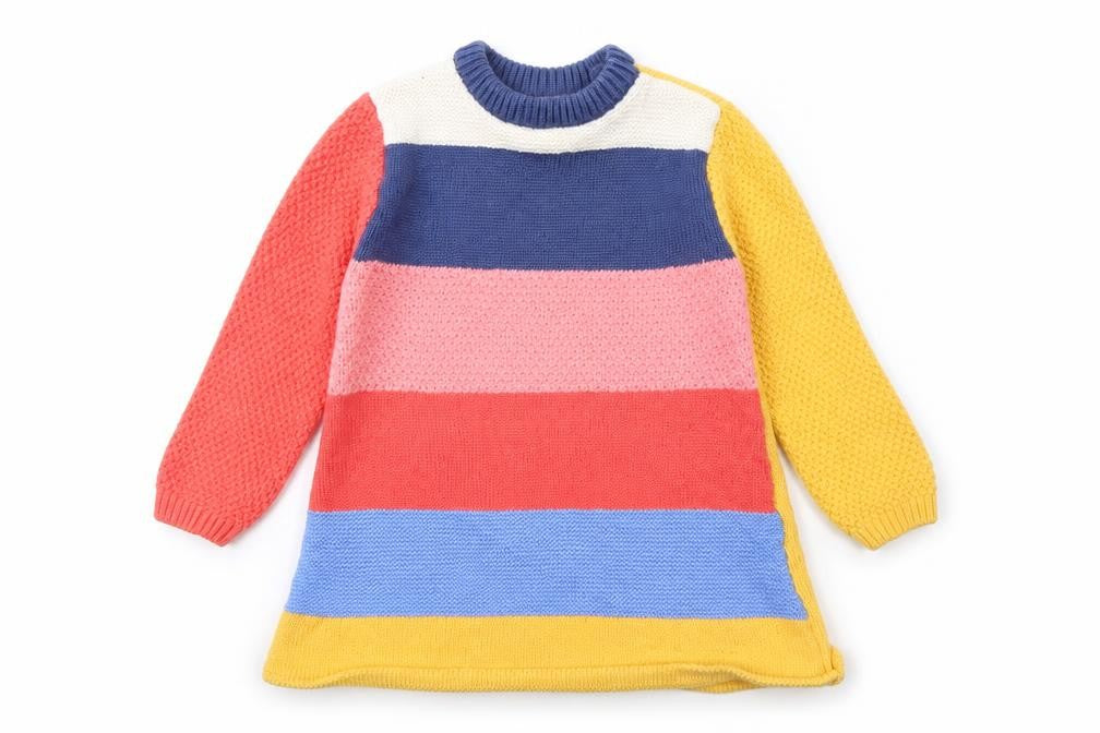 Front view of Nutmeg girls’ yellow striped jumper dress, size 3-6, months
