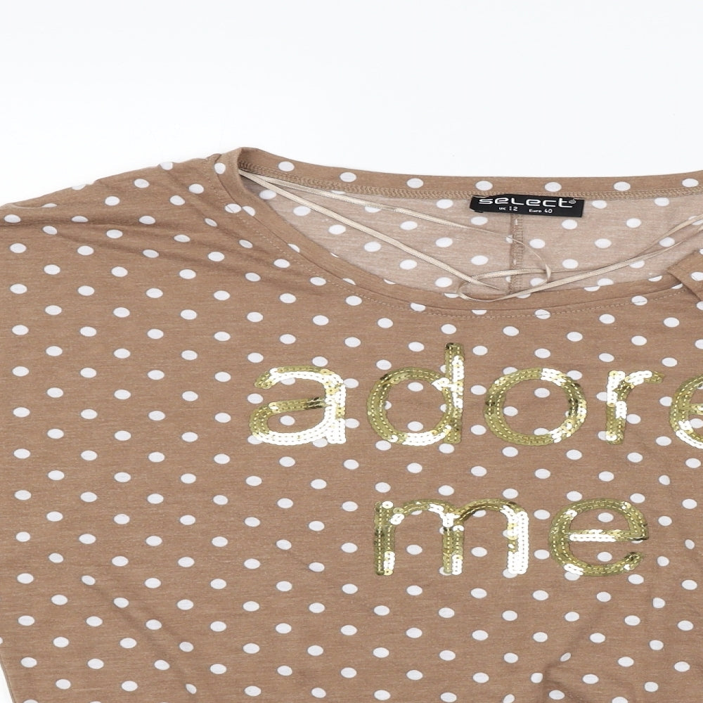 Select Womens Brown Polka Dot Jersey Basic T-Shirt Size 12
