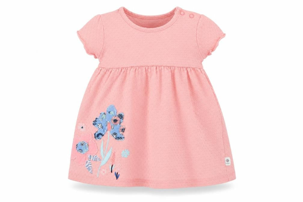 Front view of Maine New England girls’ pink floral jersey t-shirt dress, size 6-9, months