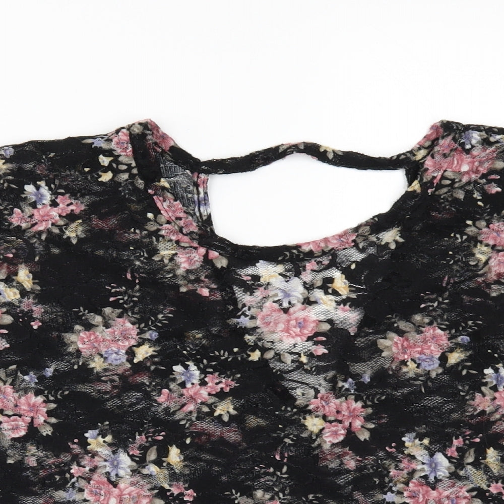 Pins & Needles Womens Black Floral  Basic T-Shirt Size M  - see through