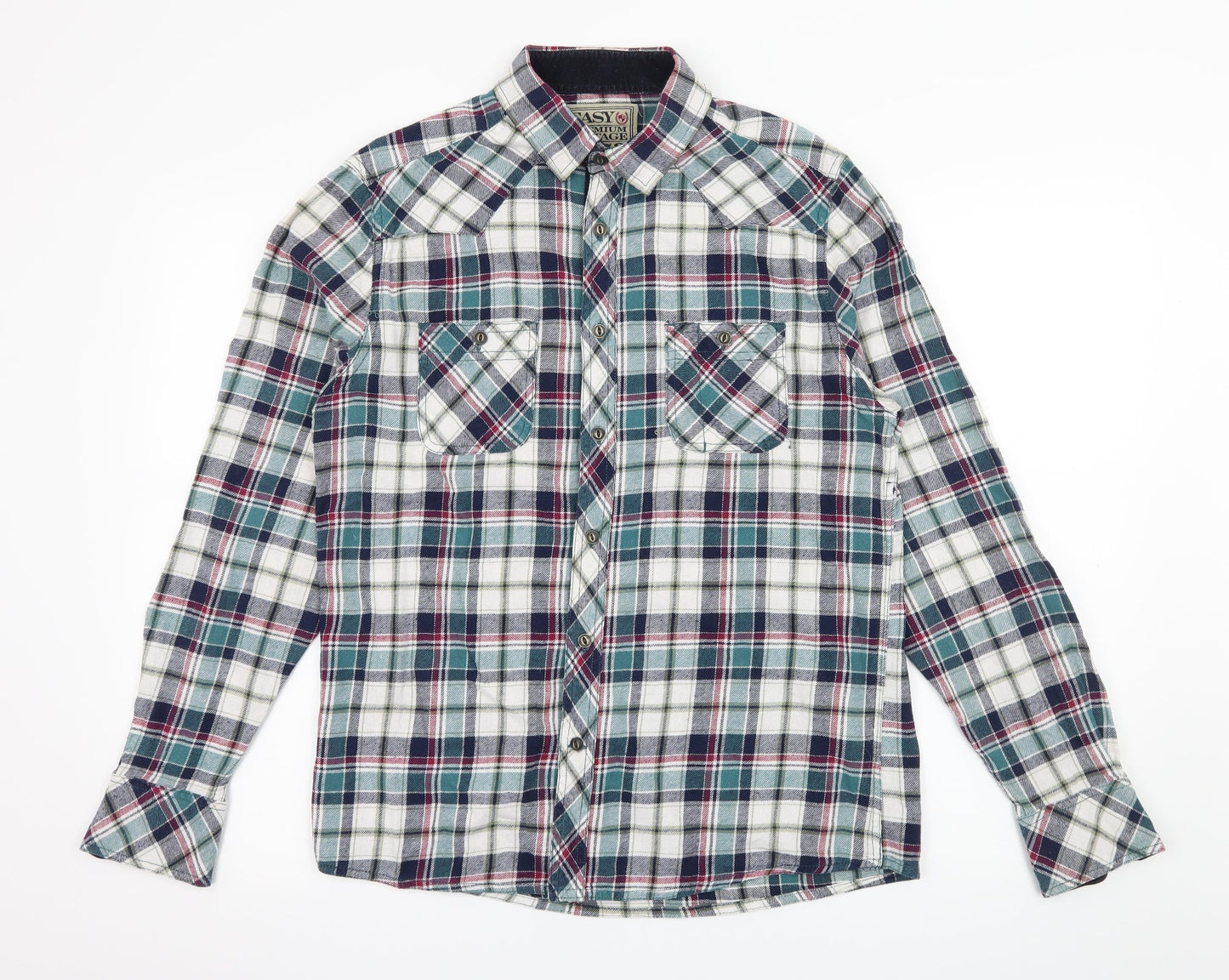 Easy Mens Blue Plaid   Button-Up Size M