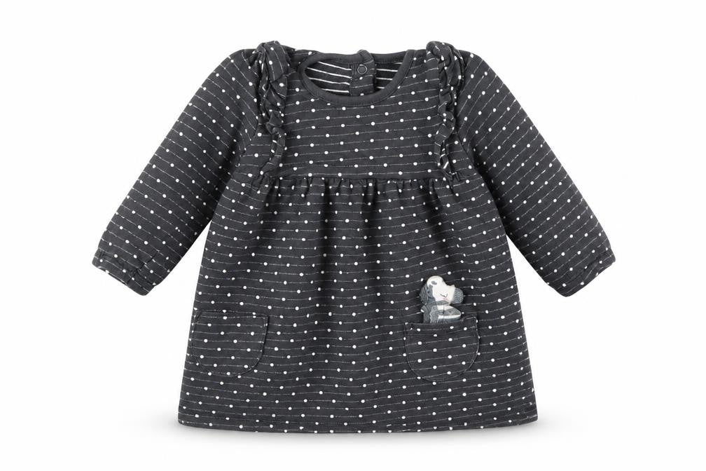 Front view of George girls’ grey polka dot t-shirt dress, size 6-9, months - zebra