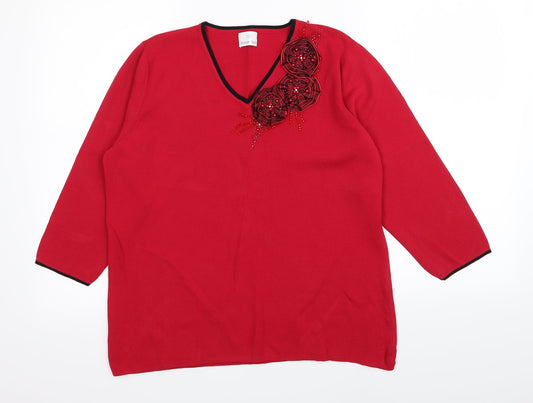 Heather Valley Womens Red Floral  Pullover Jumper Size 18