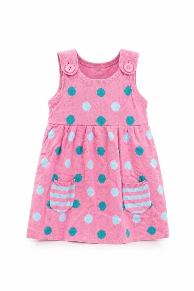 Front view of George girls’ pink polka dot knit jumper dress, size 18-24, months