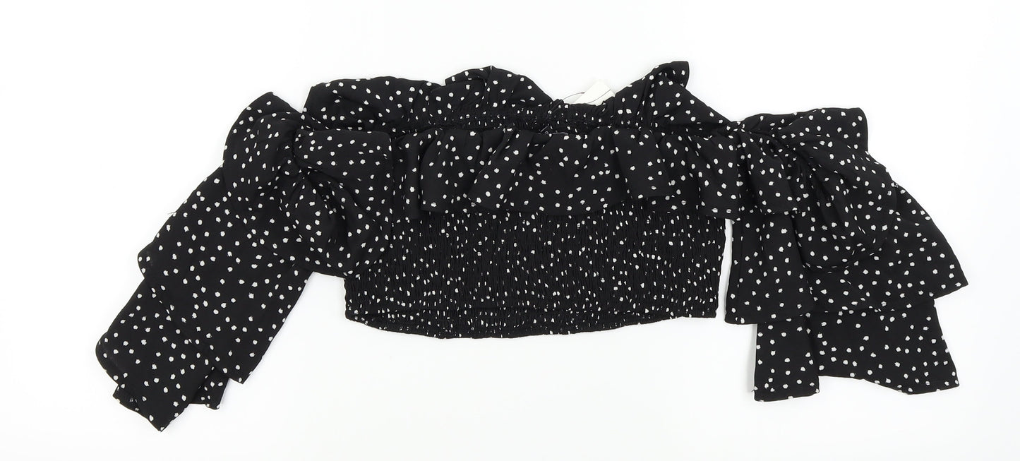 In the Style Womens Black Polka Dot  Basic Blouse Size 10  - frill neck line an sleeves