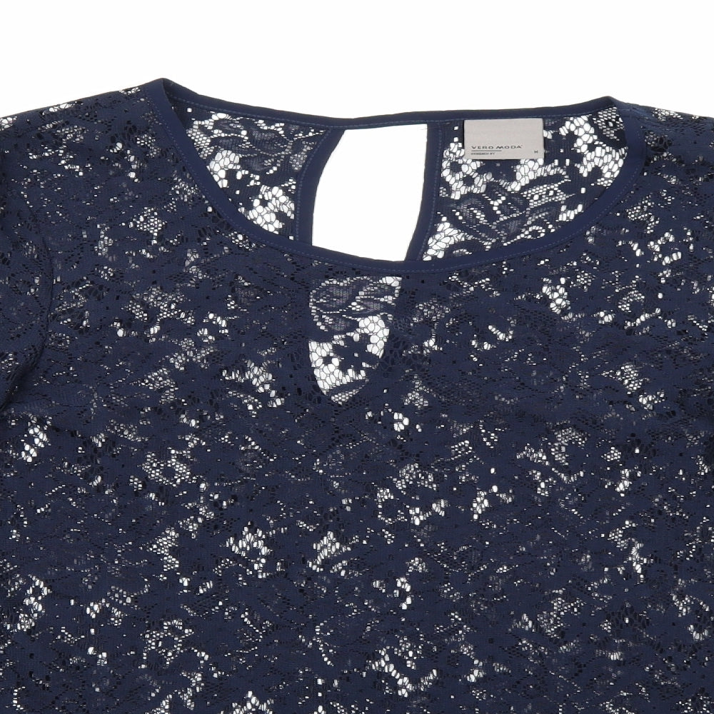 VERO MODA Womens Blue Floral Lace Basic Blouse Size M