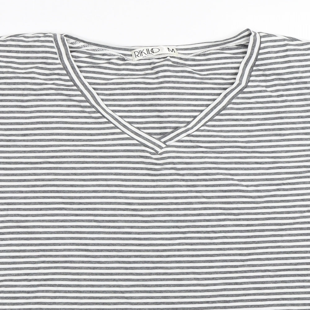 Riklo Womens Grey Striped  Basic T-Shirt Size M