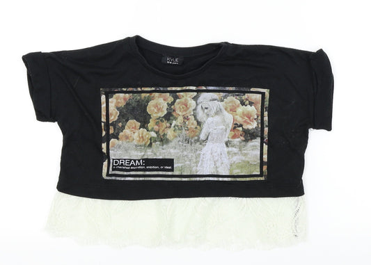 Kylie Girls Black Houndstooth  Basic T-Shirt Size 9 Years  - LACE BOTTOM
