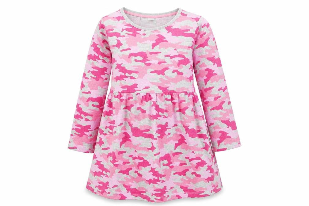 Front view of I love girl wear girls’ pink camouflage fit & flare, size 7, years