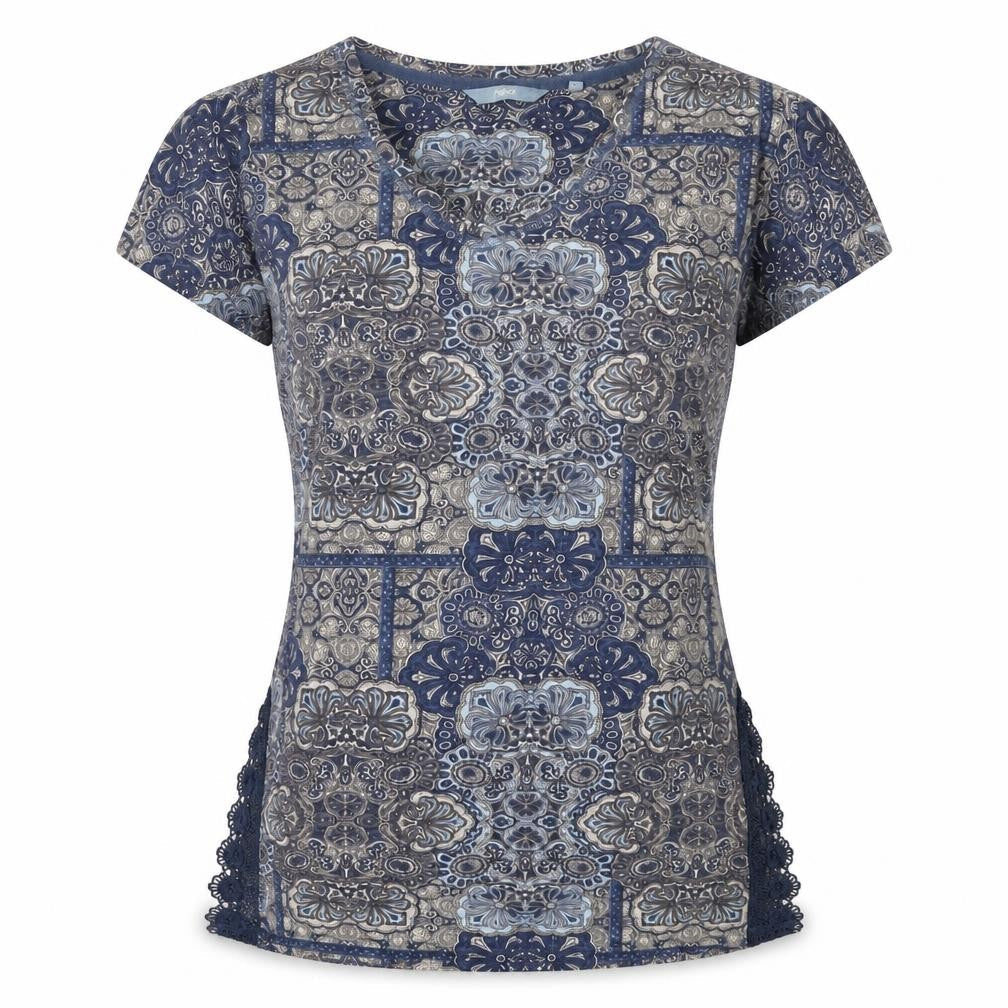 Next Womens Blue Geometric  Basic T-Shirt Size 6  - COLD SHOULDER