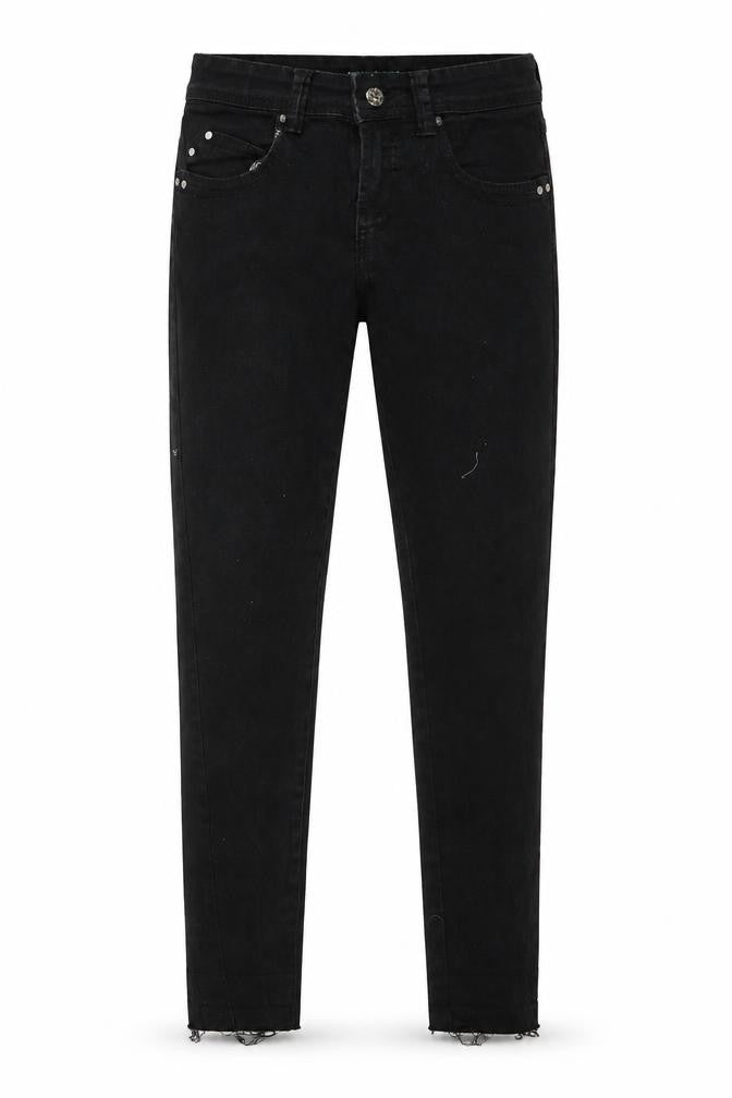 Front view of Denim & Co. women’s black denim skinny jeans, size UK 6, 26-inch leg