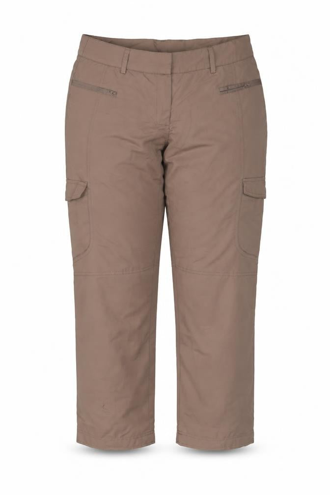 Front view of Bonprix women’s brown rain trousers trousers, size UK 20, 30-inch leg