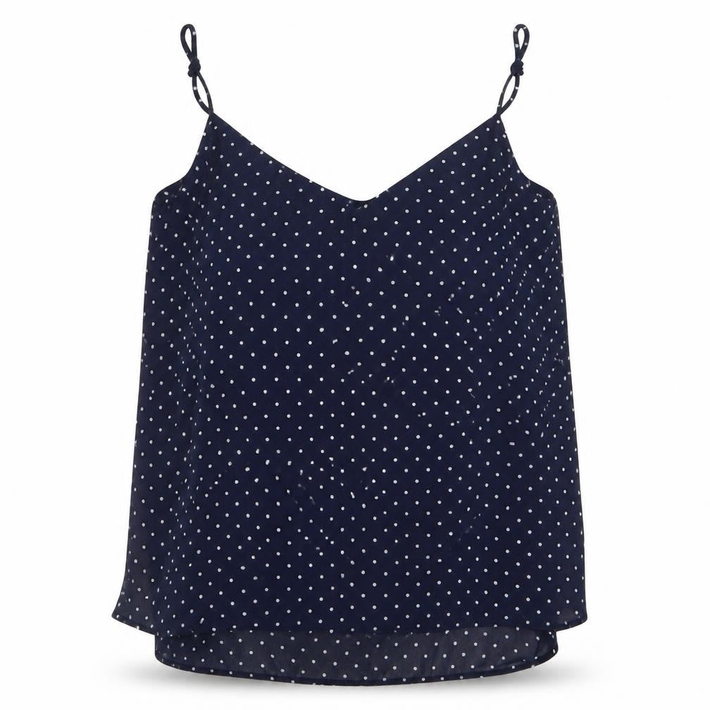 Front view of H&M women’s blue polka dot mesh camisole t-shirt, size UK 4