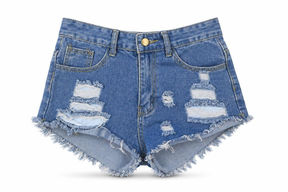 Front view of Preworn women’s blue denim hot pants shorts, size UK 25, in