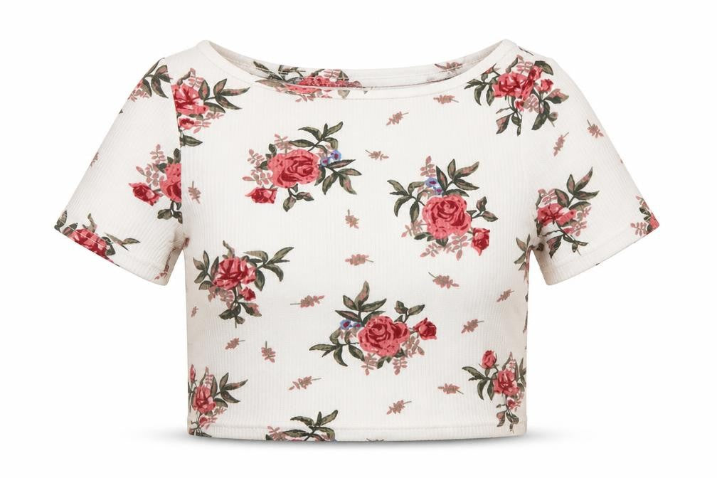 Front view of H&M girls’ white floral cropped t-shirt, size M