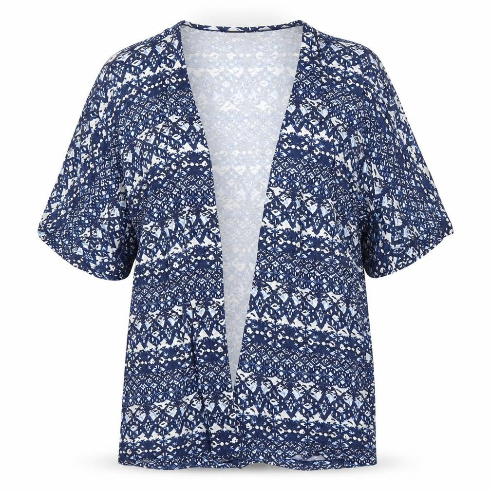 Front view of Next women’s blue geometric cardigan jumper, size UK 10