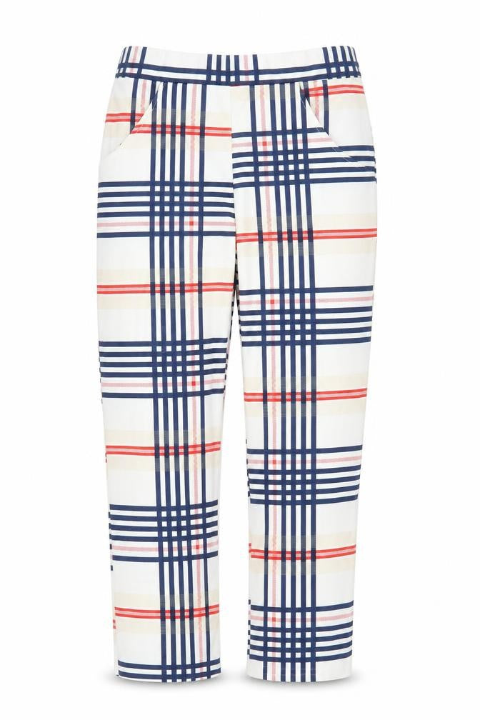 Front view of Preworn women’s white plaid capri trousers, size S, 24-inch leg