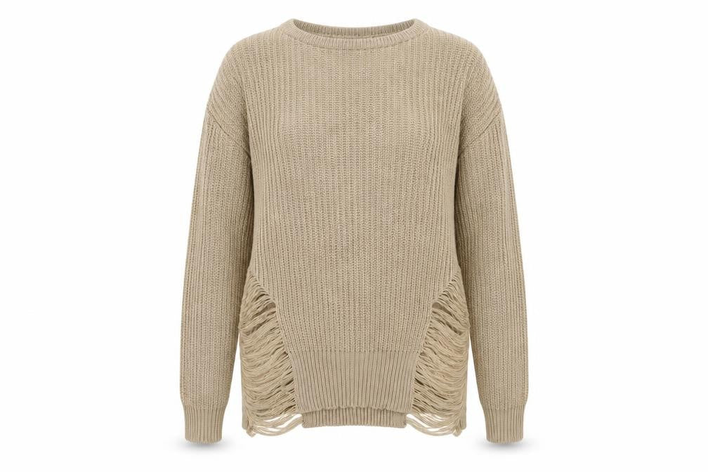 Front view of Preworn women’s beige knit jumper, size M