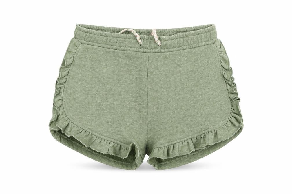 Front view of I love girls’ wear girls gold sweat shorts, size 6, years