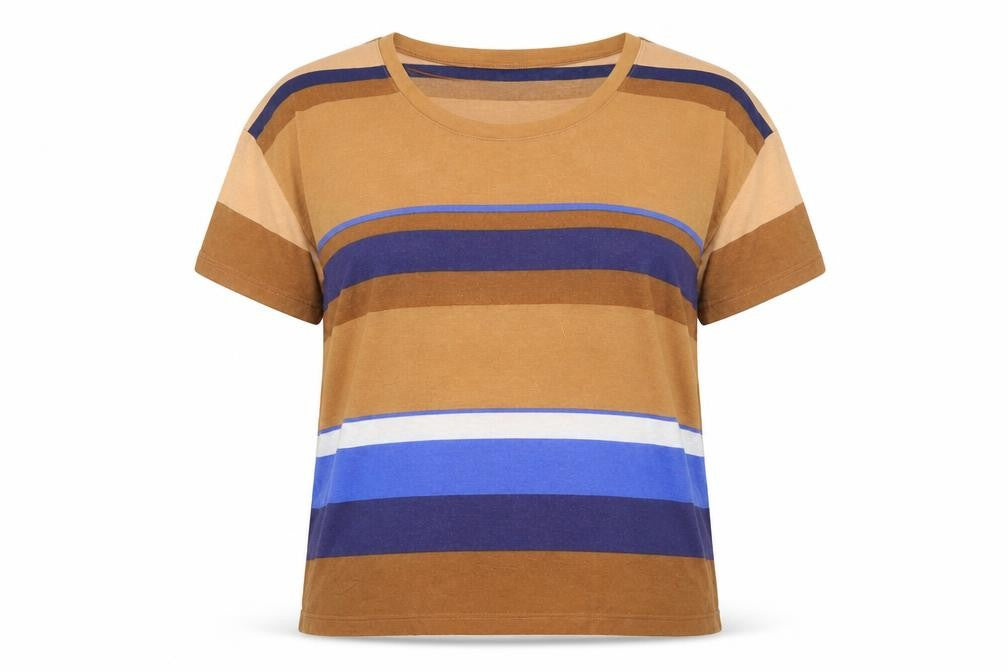 Front view of Denim & Co. women’s brown striped basic t-shirt, size UK 14
