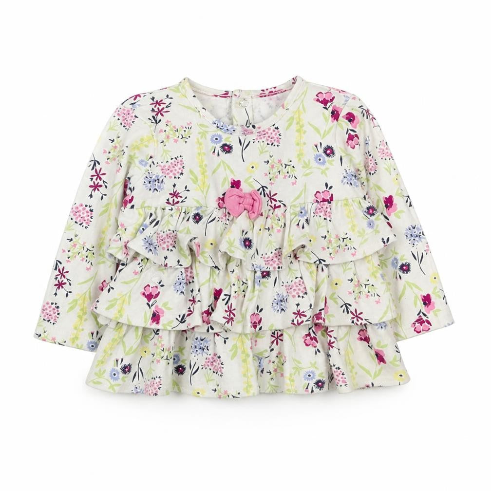 Front view of mini mol girls’ white floral basic polo, size 6-9, months