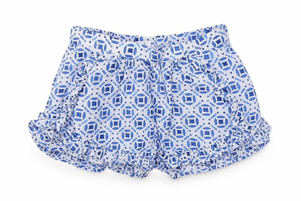 Front view of H&M girls’ blue batik cropped trousers, size 12-18, months
